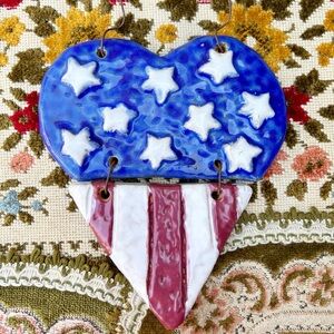 Handmade Art Ceramic Patriotic Heart Wall/Door Hang
